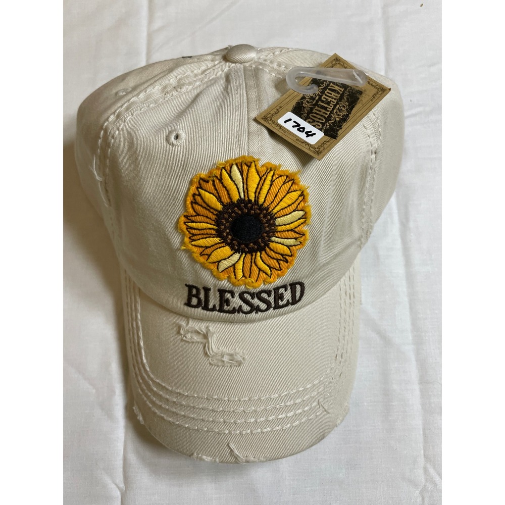 KBETHOS Baseball Cap Womens OS Cream NWT Distressed Sunflower Blessed Dad Hat